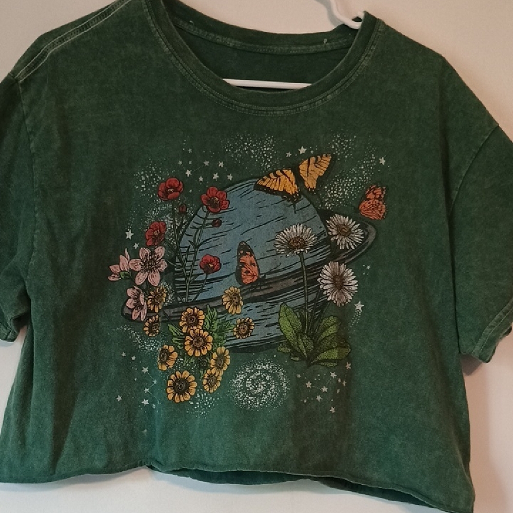 Green Graphic Crop Top with Floral and Butterfly Design
